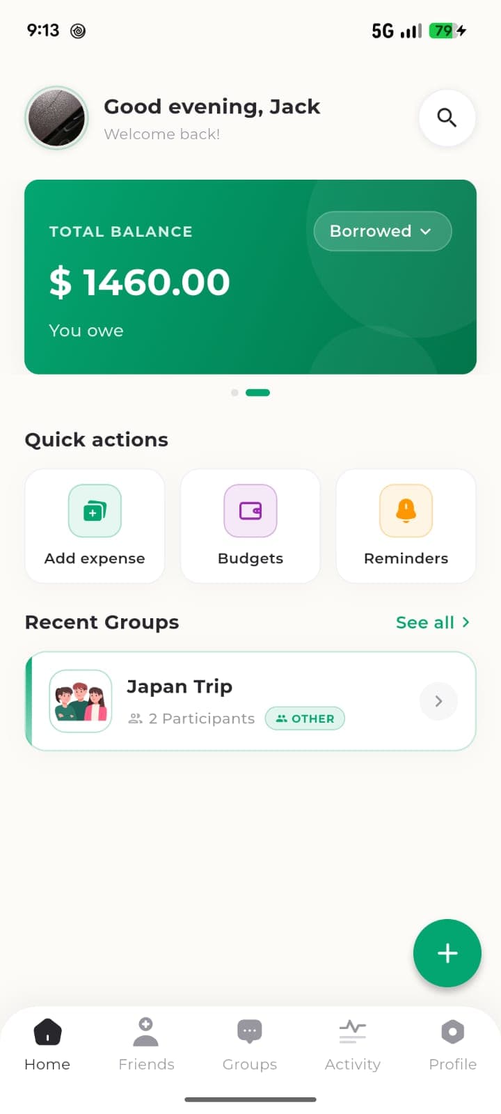 Splitry home screen showing total balance, quick actions, and recent groups